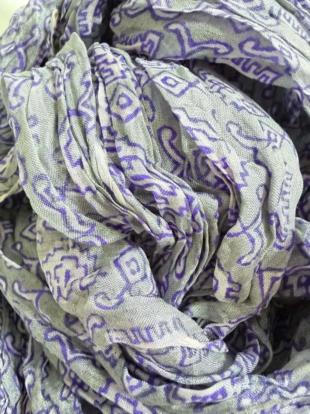 Vintage 100% Silk Purple and Grey Geometric Printed Crinkle Scarf